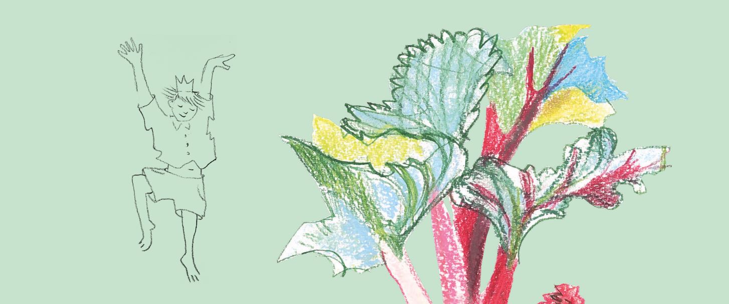 Illustrasjon av gutt som danser og en blomsterbukett på grønn bakgrunn