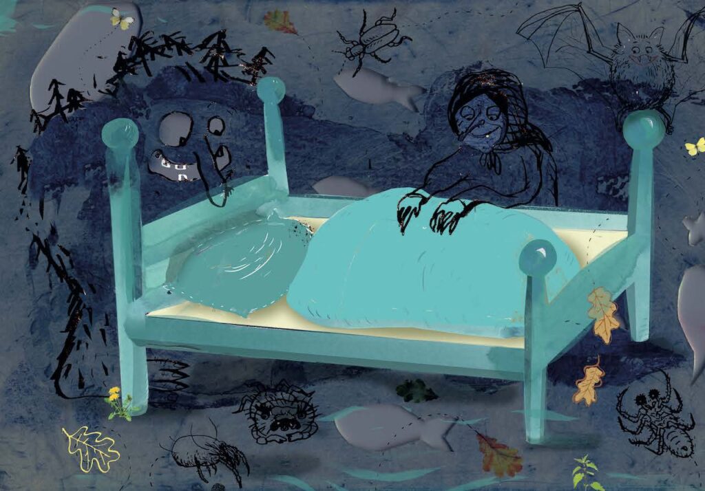 Illustrasjon av seng og ei trollmor